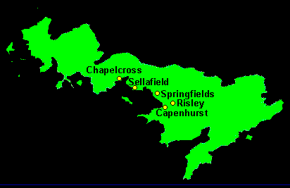 Windscale Map
The Sellafield site is built on land that was formerly part of the Windscale nuclear site, which is named after a nearby village. Windscale was owned by the United Kingdom Atomic Energy Authority. Following the breakup of the UKAEA into research (UKAEA) and production (BNFL) arms, part of the site was transferred to BNFL. In 1981 the transferred part of the site was renamed "Sellafield" [1]. The remainder of the site remains in the hands of the UKAEA and is still called Windscale. Two air-cooled, graphite-moderated Windscale reactors constituted the first British weapons grade plutonium 239 production facility, built for the British nuclear weapons program in the late 40s and the 50s.
Keywords: Windscale