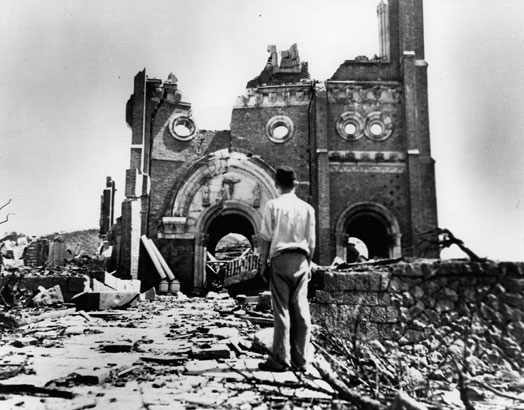 Urakami Cathedral
The Urakami Cathedral, one of Nagasaki's prominent landmarks, stands on a hill amid the rubble of a residential district east of ground zero.
