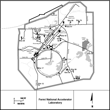 Fermi Lab Site Map
Fermi National Accelerator Laboratory

The Fermi National Accelerator Laboratory, also referred to as the FermiLab, is located on a 6,720 acre plot in Batavia, Illinois, approximately 48 kilometers (30 miles) west of downtown Chicago. The Fermilab began operation in 1967 as a research and development facility. The mission of the lab was to explore the basics of matter, using high-energy proton beams to probe subatomic structure. This continues to be the laboratorys mission today. Major environmental concerns included remediation of polychlorinated biphenyl spills; possible chromate contamination; and management of hazardous, radioactive, and toxic waste. Quarterly groundwater monitoring will continue indefinitely, despite the overall remediation of the site. Remediation was completed in FY 1997.
