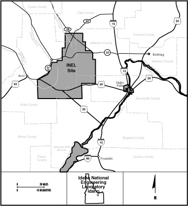 The Idaho National Engineering Laboratory (INEL)
The Idaho National Engineering Laboratory (INEL) is located in a rural, sparsely populated sector of southeastern Idaho. The eastern boundary of INEL is 23 miles west of Idaho Falls, and the site covers 571,000 acres (893 square miles). INEL also occupies numerous buildings and laboratories located in Idaho Falls. 
Keywords: Idaho National Engineering Laboratory, Idaho Falls, Idaho INEL