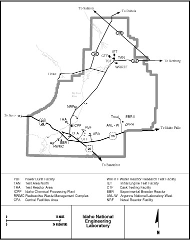 The Idaho National Engineering Laboratory (INEL)
The Idaho National Engineering Laboratory (INEL) is located in a rural, sparsely populated sector of southeastern Idaho. The eastern boundary of INEL is 23 miles west of Idaho Falls, and the site covers 571,000 acres (893 square miles). INEL also occupies numerous buildings and laboratories located in Idaho Falls. 
Keywords: Idaho National Engineering Laboratory, Idaho Falls, Idaho INEL