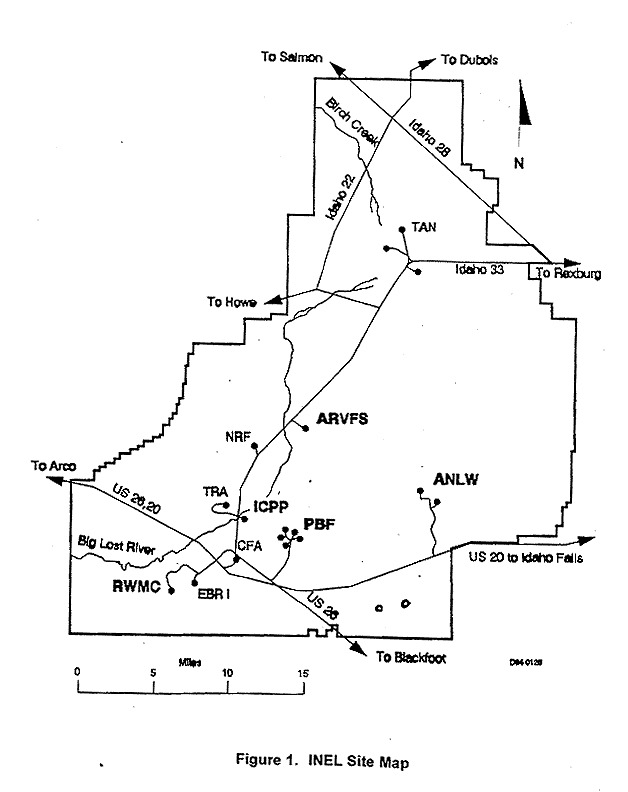 The Idaho National Engineering Laboratory (INEL)
The Idaho National Engineering Laboratory (INEL) is located in a rural, sparsely populated sector of southeastern Idaho. The eastern boundary of INEL is 23 miles west of Idaho Falls, and the site covers 571,000 acres (893 square miles). INEL also occupies numerous buildings and laboratories located in Idaho Falls. 
Keywords: Idaho National Engineering Laboratory, Idaho Falls, Idaho INEL