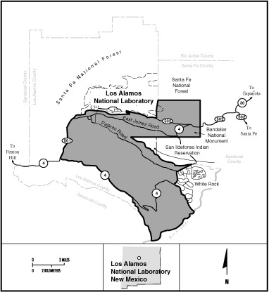 Los Alamos Map
Los Alamos National Laboratory (LANL) occupies approximately 43 square miles of DOE land situated on the Pajarito plateau in the Jemez mountains of northern New Mexico. The closest population centers are the cities of Los Alamos, population 12,000, and White Rock, population 8,000. The closest large metropolitan center is Santa Fe, population 50,000, 35 miles away. 
Keywords: Los Alamos National Laboratory (LANL)