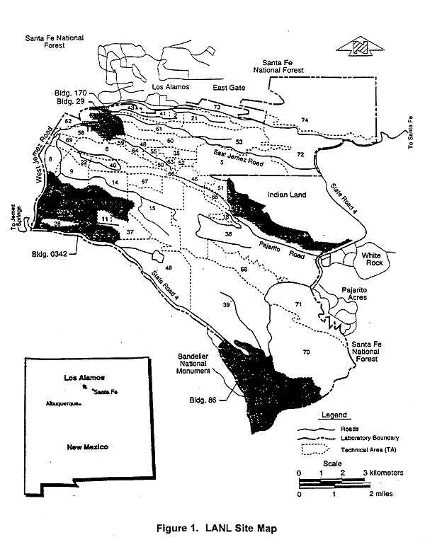 Los Alamos Map
Los Alamos National Laboratory (LANL) occupies approximately 43 square miles of DOE land situated on the Pajarito plateau in the Jemez mountains of northern New Mexico. The closest population centers are the cities of Los Alamos, population 12,000, and White Rock, population 8,000. The closest large metropolitan center is Santa Fe, population 50,000, 35 miles away. 
Keywords: Los Alamos National Laboratory (LANL)