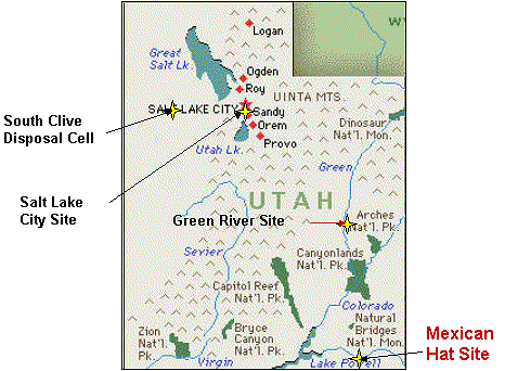 The former Mexican Hat uranium mill site is located on Navajo Nation land 1.5 miles southwest of Mexican Hat, San Juan County, Utah. The site is northeast of the town of Halchita, Utah, which began as the housing area for the mill's employees.
Radioactive mineral deposits in the Triassic rocks of the Colorado Plateau area of Utah were first worked during the early 1900s. In 1912, a high grade vanadium-uranium deposit was mined in the Temple Mountain area of Emery County, Utah. During World War I, high grade uranium ore was mined for radium from deposits in the Chinle Formation (Moss Back Member) at Temple Mountain. Over the period 1920-1940, the U.S. Geological Survey conducted a field reconnaissance and mapping project to evaluate the oil and gas potential in a broad area of eastern Utah and northeastern Arizona. In that study, uranium, vanadium, and copper minerals in Triassic rocks were noted in many places throughout the region, especially near the unconformable contact between the Moenkopi Formation (Early and Middle(?) Triassic age) and the Chinle Formation (Late Triassic age).
Keywords: Mexican Hat UMTRA