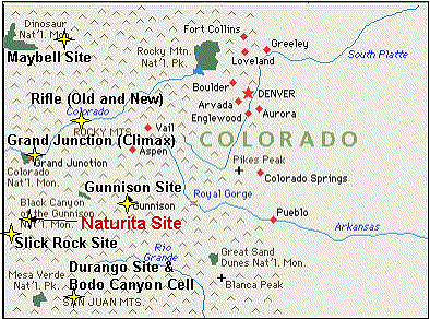 The Naturita mill site is located two miles northwest of Naturita in Montrose County, Colorado, in the narrow, steep-walled canyon of the San Miguel River.
