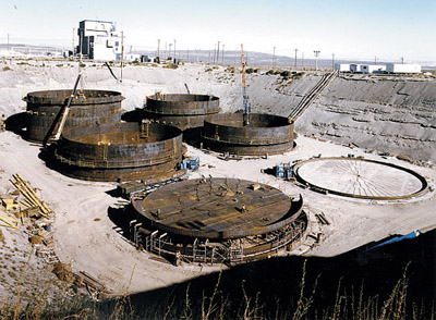 This historical photo shows construction of radioactive waste storage tanks. There were 177 tanks built at the Hanford Site between 1943 and 1985. A major focus of DOE's mission is to clean up the legacy waste stored in there tanks.
Keywords: Hanford Reservation, Richland, Washington