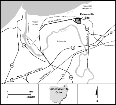 Painesville Locality Map
Painesville (FUSRAP Site)

The Painesville Site is located in Painesville, Ohio, approximately 35 kilometers (22 miles) northeast of Cleveland. Painesville had an operational magnesium production facility on the grounds, operated by the Diamond Magnesium Company in the 1940s. In the 1950s the Atomic Energy Commission (AEC), a predecessor agency to the US Department of Energy, shipped radioactively contaminated scrap steel to the Painesville site for use in their magnesium production processes. Residual radiation from the scraps contaminated the soil at the site with uranium, radium and thorium. The site was part of the Formerly Utilized Sites Remedial Action Program (FUSRAP). The FUSRAP Program was transferred to the United States Army Corps of Engineers (USACE) in 1997, in accordance with the Energy and Water Development Appropriations Act for FY 1998. Cleanup responsibilities transferred at the time from DOE-EM to the USACE.
