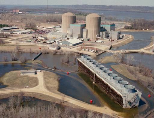 Prairie Island Nuclear Power Plant
Flood water surrounds one of the three cooling towers at the Prairie Island Nuclear Power Plant near Red Wing, Minn., Monday, April 14, 1997, as the rising waters of the Mississippi River near their crest. Water surrounds all three of the cooling towers.
Keywords: Prairie Island Nuclear Power Plant