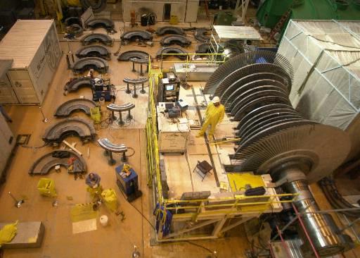 Low speed turbine rotors at Perry nuclear power plant
Technicians work on re-conditioning one of three low-speed turbine rotors, right, at the Perry nuclear power plant, Wednesday, Feb. 28, 2001, in North Perry, Ohio. Arrayed on the shop floor are baffles that fit between the turbine blades.
Keywords: Low speed turbine rotors at Perry nuclear power plant Perry Nuclear Power Plant