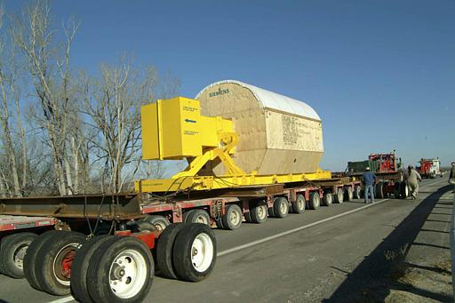 Cooper Turbine
In this photo released by the Nebraska Public Power District, a heavy-haul truck pulls a steam turbine across a bridge on Monday, Dec. 20, 2004, enroute to Cooper Nuclear Power Station in Brownville, Neb. The turbine is one of two that will be installed at Cooper to make the plant safer, officials say.
Keywords: Cooper Nuclear Power Plant