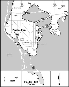 Pinellas Plant Map
The Pinellas Plant was a major contributor to the Tampa Bay economy for over thirty-nine years. Peak employment was over 2,000 as late as 1992, the 1993 staff was 1,150, and approximately 635 in early 1996. In conjunction with the nuclear weapons complex consolidation, DOE ended its weapons production mission at the Pinellas Plant in 1995, and transferred the facility to the Pinellas County Industry Council to help alleviate the economic impact of the closing on neighboring communities.
Keywords: Pinellas Plant Largo, Florida