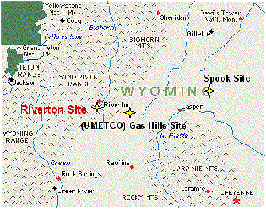 The site of the former Riverton uranium-vanadium ore processing mill is located about one mile southwest of the city of Riverton, Fremont County, Wyoming.
The site of the former Riverton uranium-vanadium ore processing mill is located about one mile southwest of the city of Riverton, Fremont County, Wyoming. The mill site and tailings pile were situated on privately owned land that is located within the boundaries of the Wind River Indian Reservation. 
