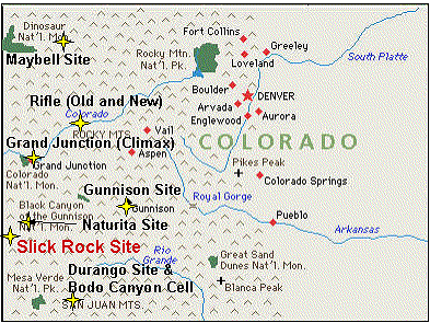 The Slick Rock uranium processing sites are about three miles northwest of the old post office at Slick Rock in Montrose County, Colorado.
