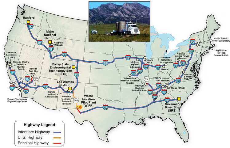 WIPP Routes
At full operation, a dedicated fleet of trucks with custom trailers will transport waste to the WIPP from more than 20 sites across the nation. Approximately 30 states, known as corridor states, have routes designated for WIPP shipments. Designated routes must meet all applicable U.S. Department of Transportation regulations. 
Keywords: Waste Isolation Pilot Plant (WIPP)