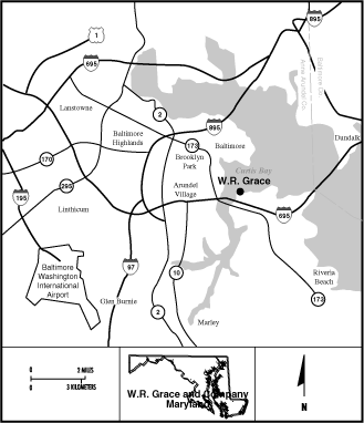 W.R. Grace Locality Map
W. R. Grace and Company (FUSRAP Site)

The W.R. Grace and Company is located on an industrialized peninsula in south Baltimore, Maryland. In the 1950s the W.R. Grace and Company milled thorium for the Atomic Energy Commission (AEC), a predecessor agency for the US Department of Energy. W.R. Grace began processing radioactive materials at the site in the 1950s, when Rare Earths, Inc. (W.R. Graces predecessor) entered into a contract with AEC to extract thorium and rare earths from naturally-occurring monazite sands. Rare Earths contract with AEC and its license to possess, transfer and use radioactive thorium were transferred to W.R. Grace and Company. Building 23, where the thorium processing took place, was open until the late 1950s when the contract was terminated. The wastes were buried in a landfill area. Thorium processing resulted in low-level waste that was buried on the property. Radiation surveys have shown that radioactive contamination still persists in the waste burial area, the waste management area which surrounds the waste burial plot, surfaces surrounding vats and hoppers in Building 23 and alpha-radiation surface contamination in the whole of Building 23. The site was designated by DOE for remedial action under the Formerly Utilized Sites Remedial Action Program (FUSRAP) in 1984. This site was one of the 21 Formerly Utilized Sites Remedial Action Program (FUSRAP) sites where cleanup responsibility was transferred to the US Army Corps of Engineers in 1997 in accordance with the Energy and Water Development Appropriations Act for FY 1998. Cleanup responsibilities transferred at that time from DOE-EM to the USACE.
