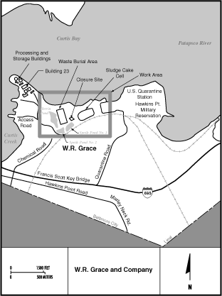 W. R. Grace & Co FUSRAP Site Map
W. R. Grace and Company (FUSRAP Site)

The W.R. Grace and Company is located on an industrialized peninsula in south Baltimore, Maryland. In the 1950s the W.R. Grace and Company milled thorium for the Atomic Energy Commission (AEC), a predecessor agency for the US Department of Energy. W.R. Grace began processing radioactive materials at the site in the 1950s, when Rare Earths, Inc. (W.R. Graces predecessor) entered into a contract with AEC to extract thorium and rare earths from naturally-occurring monazite sands. Rare Earths contract with AEC and its license to possess, transfer and use radioactive thorium were transferred to W.R. Grace and Company. Building 23, where the thorium processing took place, was open until the late 1950s when the contract was terminated. The wastes were buried in a landfill area. Thorium processing resulted in low-level waste that was buried on the property. Radiation surveys have shown that radioactive contamination still persists in the waste burial area, the waste management area which surrounds the waste burial plot, surfaces surrounding vats and hoppers in Building 23 and alpha-radiation surface contamination in the whole of Building 23. The site was designated by DOE for remedial action under the Formerly Utilized Sites Remedial Action Program (FUSRAP) in 1984. This site was one of the 21 Formerly Utilized Sites Remedial Action Program (FUSRAP) sites where cleanup responsibility was transferred to the US Army Corps of Engineers in 1997 in accordance with the Energy and Water Development Appropriations Act for FY 1998. Cleanup responsibilities transferred at that time from DOE-EM to the USACE.
