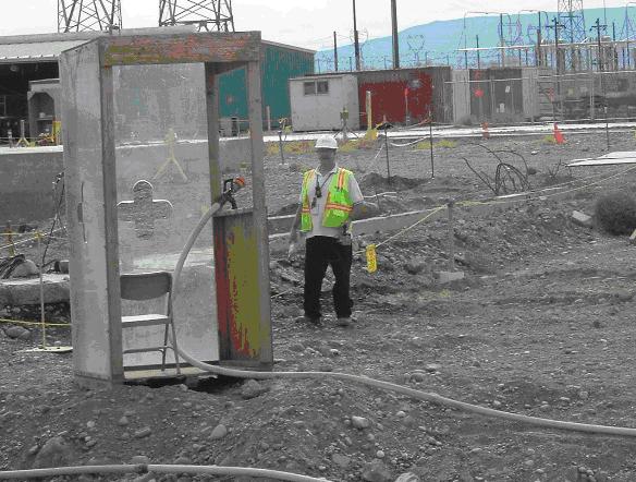 James Kelly
In the field, 100N D4 Demo.  The booth you see is used by D&D workers who use fire hoses for dust control during excavating, shearing or other invasive activities and which require the worker to need protection from debris missiles.
